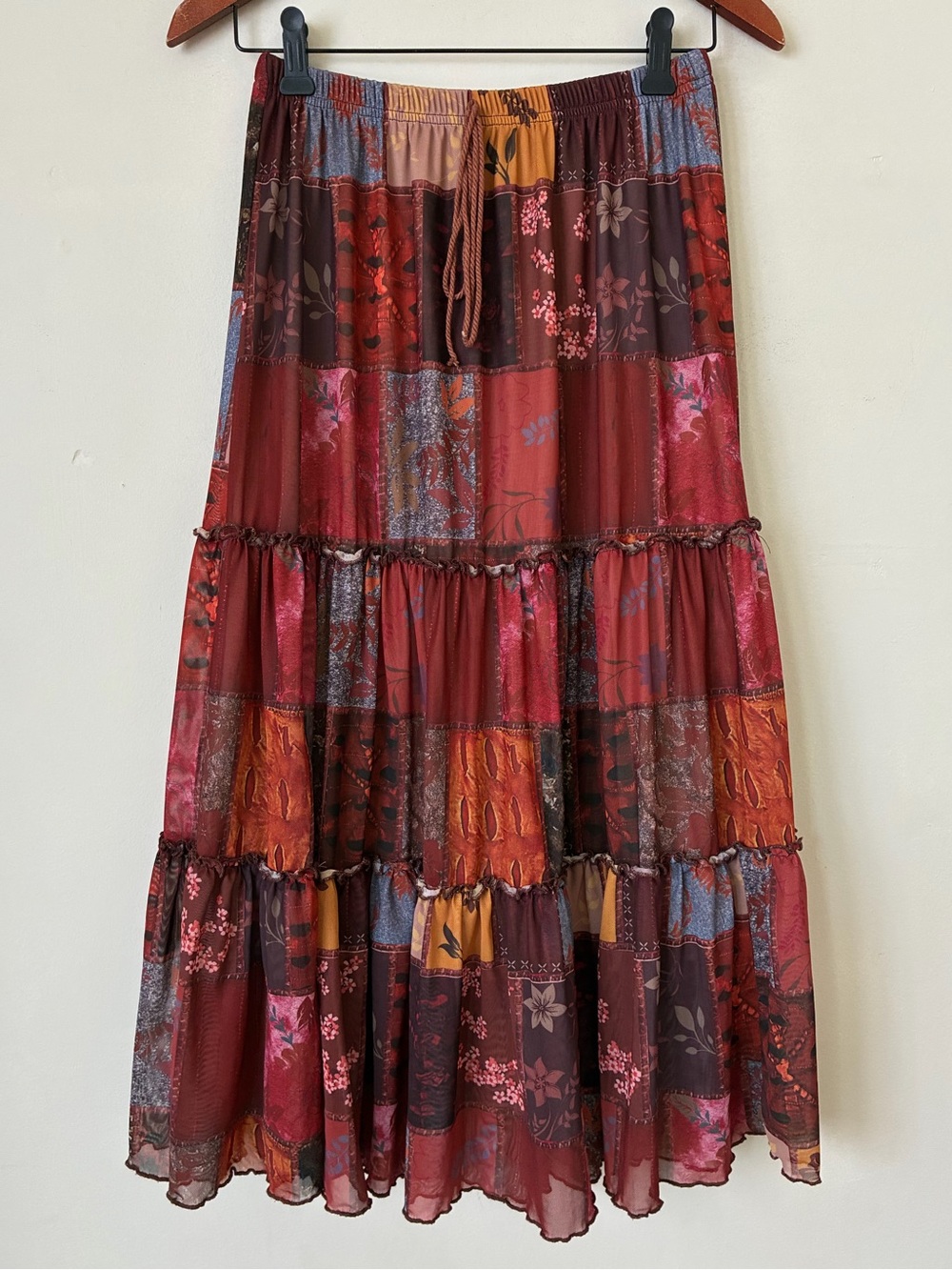 Romwe Patchwork Floral Mesh Tiered Maxi Skirt Boho Grunge Red Orange S
